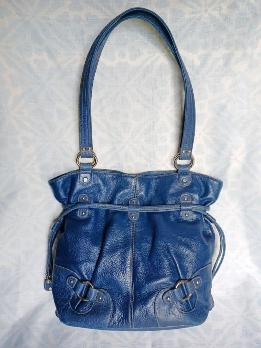 Stone Mountain Blue Pebbled Leather Shoulder Tote Organizer Purse Handbag EUC